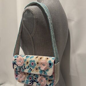 Beaded Floral Shoulder Bag in Blue and Pink